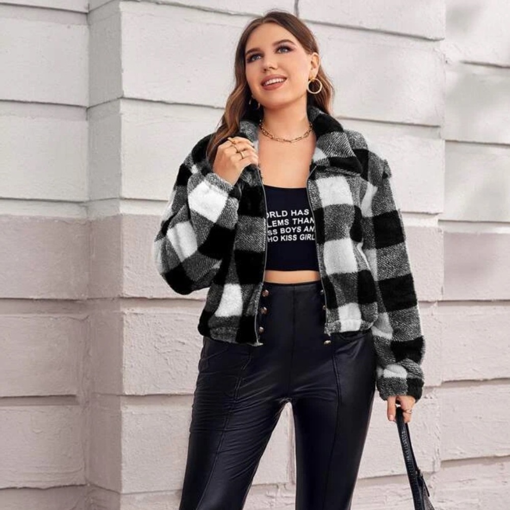SHEIN Plus Gingham Print Zipper Front Teddy Jacket Size 0XL